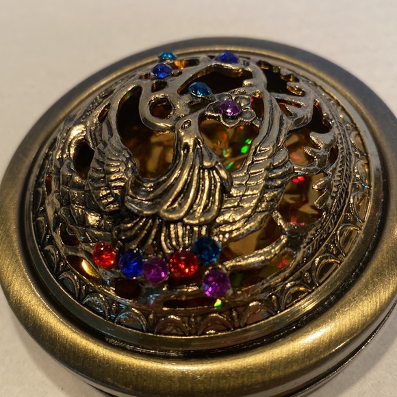 NWOT Brass Double Mirror Compact, Raised Jeweled Design with Bird - Picture 2 of 5